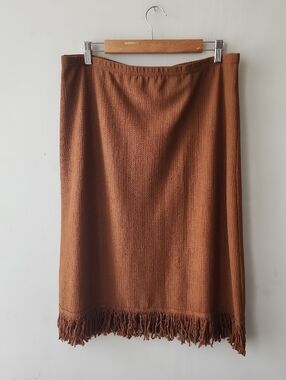 SHEIN Rust Brown Fringe-Hem Midi Skirt
